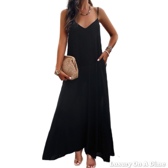 Oversized Pocket Casual Sleeveless V-Neck Low Back Long Summer Maxi Dress - Picture 5 of 16